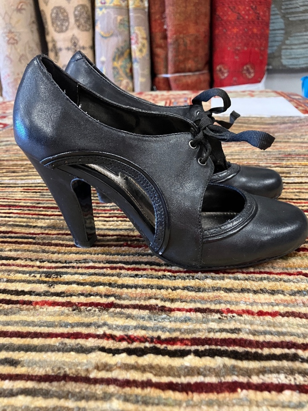 Women's Next UK Black Leather Heels Shoes with Laces - USA 6.5